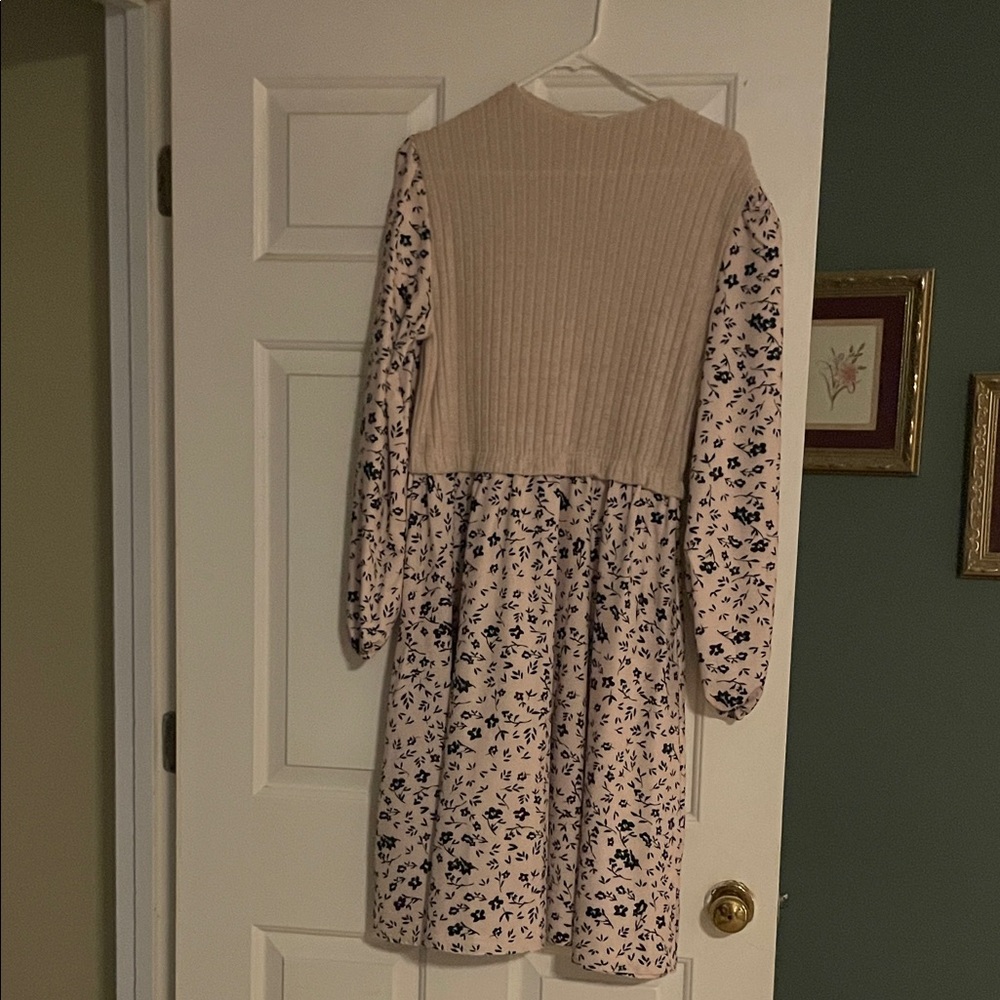 Floral Long Sleeve Dress with Ribbed Bodice
